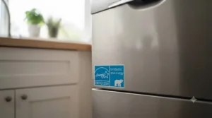 An ENERGY STAR certified sticker on a new dishwasher appliance, indicating high efficiency.