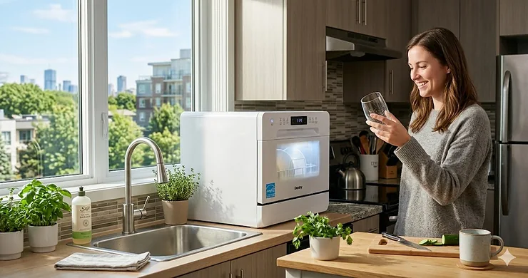 Modern eco-friendly kitchen in a Canadian apartment featuring the most efficient countertop dishwasher operating on a sleek countertop next to a window view of a green landscape.