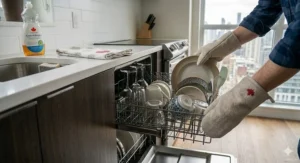 Infographic displaying decibel levels for a quiet dishwasher for condo open-concept living spaces below 44 dB.