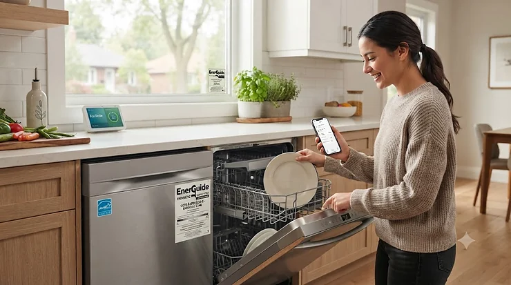 Modern kitchen featuring an Energy Star certified smart dishwasher for efficient cleaning. Energy Star smart dishwasher