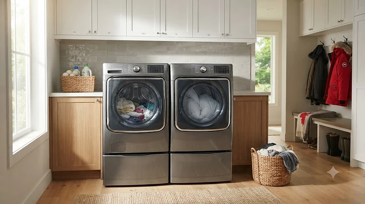 Extra large capacity washer in a modern Canadian home laundry room, ideal for bulky bedding and family-sized loads.
