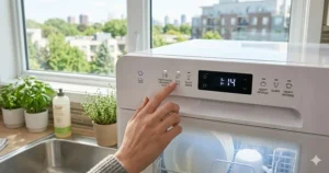 Digital control panel display of the most efficient countertop dishwasher featuring English and French bilingual eco-cycle touch options.