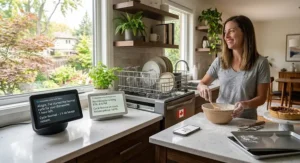 Lifestyle illustration of a Canadian baker using voice commands to control a dishwasher that works with Alexa and Google Home while prepping food.