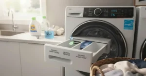 High-Efficiency detergent graphic explaining how using less soap works best with the most energy efficient washer to save water.