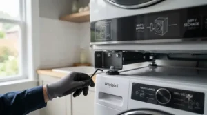 Illustration of a safety-approved stacking kit connecting a dryer onto a washing machine.