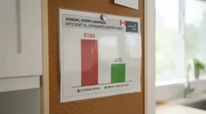 Simple bar graph showing potential annual electricity savings from using an efficient dishwasher.