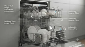 Adjustable interior racks in a smart dishwasher for optimized loading capacity.