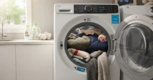 Diagram of a large capacity drum inside the most energy efficient washer, perfectly sized for washing heavy Canadian winter clothing.