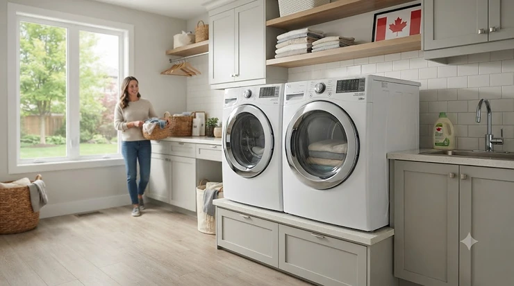 Modern large capacity front load washer installed in a Canadian home laundry room, ideal for large family loads.