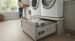 Technical dimension guide for fitting a large capacity front load washer into standard Canadian laundry spaces.