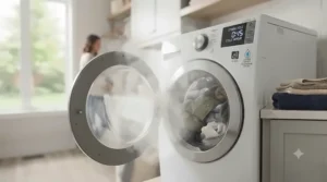 Illustration demonstrating a large capacity front load washer easily holding bulky winter duvets and heavy coats.