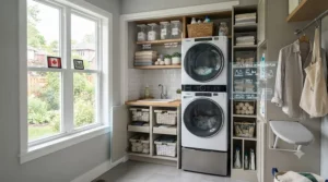 Illustration of optimized vertical storage around a compact stackable washer dryer.