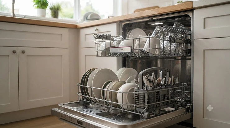 Close-up of a fully loaded dishwasher to maximize efficiency and save on utility costs. dishwasher save money hydro bill
