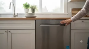 A bright, modern kitchen featuring an eco-friendly dishwasher, emphasizing home energy savings.