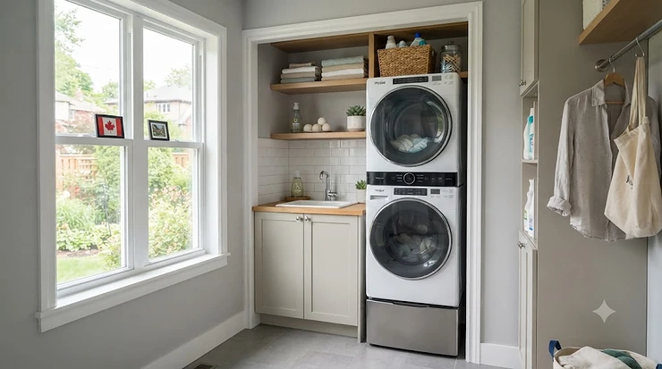 Sleek stackable washer dryer set in a modern, space-saving Canadian laundry room.