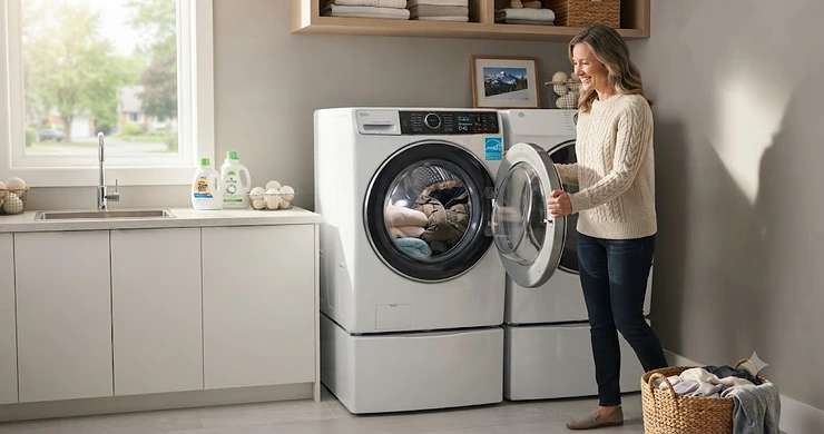 A modern laundry room featuring the most energy efficient washer for Canadian homes, complete with a bilingual Energy Star certification label.