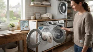 Pet-friendly household showcasing a steam washer cycle specialized in removing stubborn pet dander and allergens.