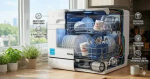 Interior cross-section showing 6 place settings, cutlery basket, and heavy-duty spray arms inside the most efficient countertop dishwasher.