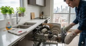 Seamless panel-ready dishwasher for condo suites matching minimalist kitchen cabinetry designs.