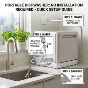 Diagram showing how to set up a portable dishwasher with no installation required by plugging it into a standard outlet and connecting it to a kitchen faucet.