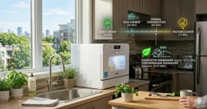 Low-noise decibel chart highlighting the quiet operation of the most efficient countertop dishwasher, ideal for open-concept Canadian homes.