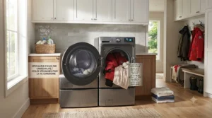 Technical illustration showing anti-vibration damping technology in a quiet running extra large capacity washer.