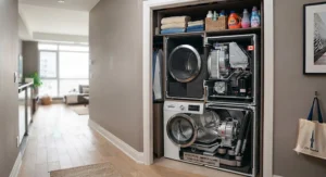 Cutaway illustration showing anti-vibration technology inside a quiet stackable washer dryer for multi-residential condo buildings.