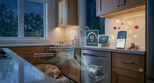 Graphic illustrating the ultra-quiet operation and low decibel rating of the best WiFi dishwasher for open-concept Canadian homes.