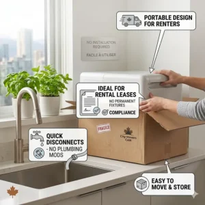 Renter-friendly portable dishwasher with no installation required being packed easily for a move between Canadian rental apartments.