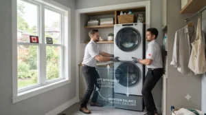 Step-by-step graphic demonstrating safe lifting practices for stacking a dryer on a washer.