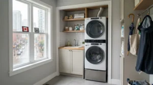 Conceptual illustration of a stackable washer dryer unit in a compact city apartment.