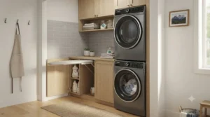 Illustration of a compact stackable washer dryer fitting into a tight apartment utility closet.