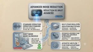 A technical diagram explaining the energy-saving active drying cycle of a quietest smart dishwasher, featuring an automatic door-open feature to release steam naturally.