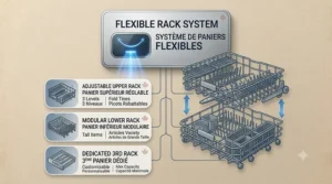 A diagram illustrating smart diagnostics and maintenance alerts displayed on a mobile app, troubleshooting the quietest smart dishwasher without a technician call.