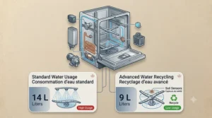 A technical graphic illustrating the automatic leak protection, water shut-off sensors, and bilingual smartphone alerts built into a quiet smart dishwasher.