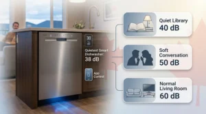 An illustration of a quietest smart dishwasher scheduled on a mobile app to run during off-peak hydro hours in Canada, highlighting energy savings and eco-friendly features.