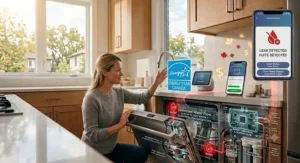 A mobile phone showing a real-time leak detection alert from the best WiFi dishwasher to prevent kitchen water damage.
