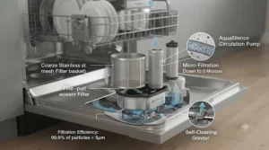 Cross-section view of advanced water filtration systems in smart dishwashers.