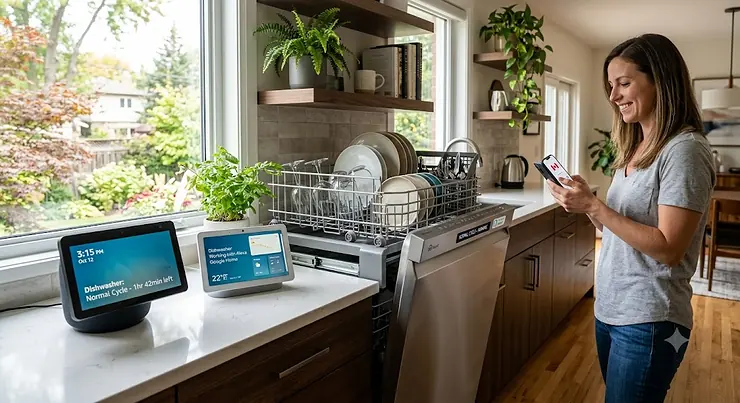A modern Canadian kitchen in Toronto featuring an energy-efficient stainless steel dishwasher that works with Alexa and Google Home, showing a user checking the cycle status on a smartphone.