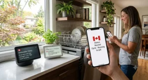 Vector illustration of a mobile app interface showing a dishwasher that works with Alexa and Google Home, featuring bilingual English and French status alerts.