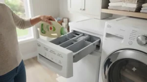 Smart phone interface connecting remotely to a Wi-Fi enabled large capacity front load washer.