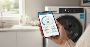 Smartphone interface controlling the eco-cycle on the most energy efficient washer, a popular smart home upgrade for Canadians.