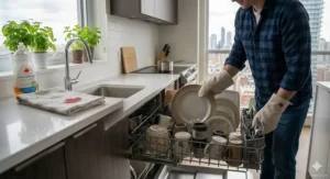 Adjustable interior racks maximizes loading capacity in a compact dishwasher for condo sizing.