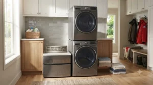 Diagram of a stackable extra large capacity washer configuration suited for compact Canadian urban apartments and laundry spaces.