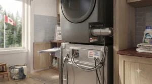 Close-up illustration of smart wash and dry settings on a modern unit.