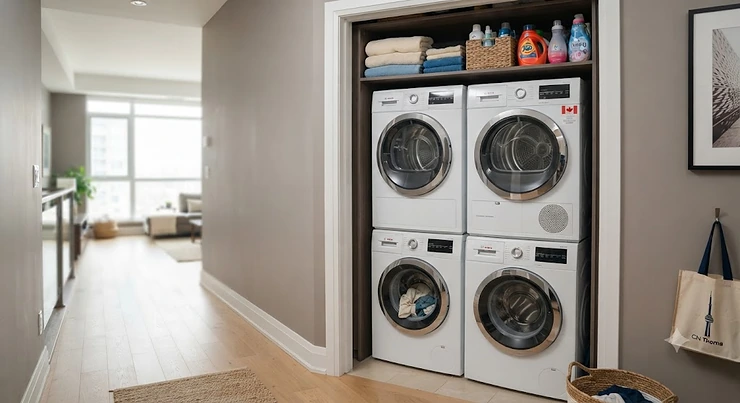 Modern stackable washer dryer for condo spaces in a stylish urban Toronto apartment, showcasing compact design and energy efficiency.