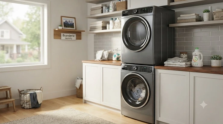 Modern stackable washer dryer under 2000 dollars installed in a stylish Canadian condo laundry room.