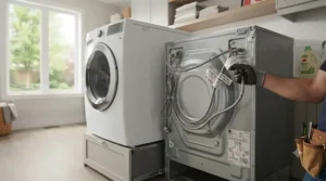 Graphic showing steam cycle features on a large capacity front load washer to eliminate allergens and salt stains.