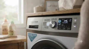 Close-up of a smart steam washer control panel highlighting the certified allergen and sanitize wash cycles.