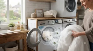 Infographic diagram showing a steam washer for allergies eliminating dust mites and pet dander from winter clothing.